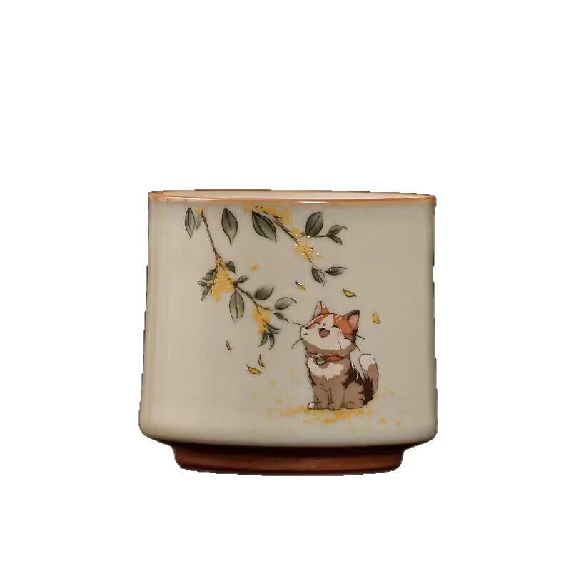 OLOEY Ru Kiln Cute Cat Ceramic Tea Cup