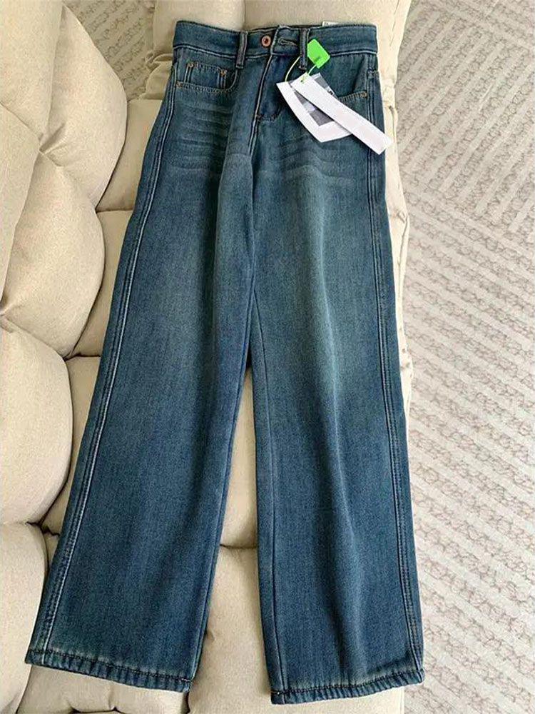 Women s Retro Blue Velvet High Waist Straight Leg Jeans - Slimming Wide Leg S