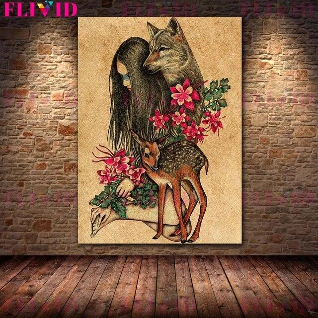 Wolf Woman And And Moon Wicca Vintage Wall Art Canvas Painting Daughters Of The Moon Art Poster And Print Home Decor No Frame
