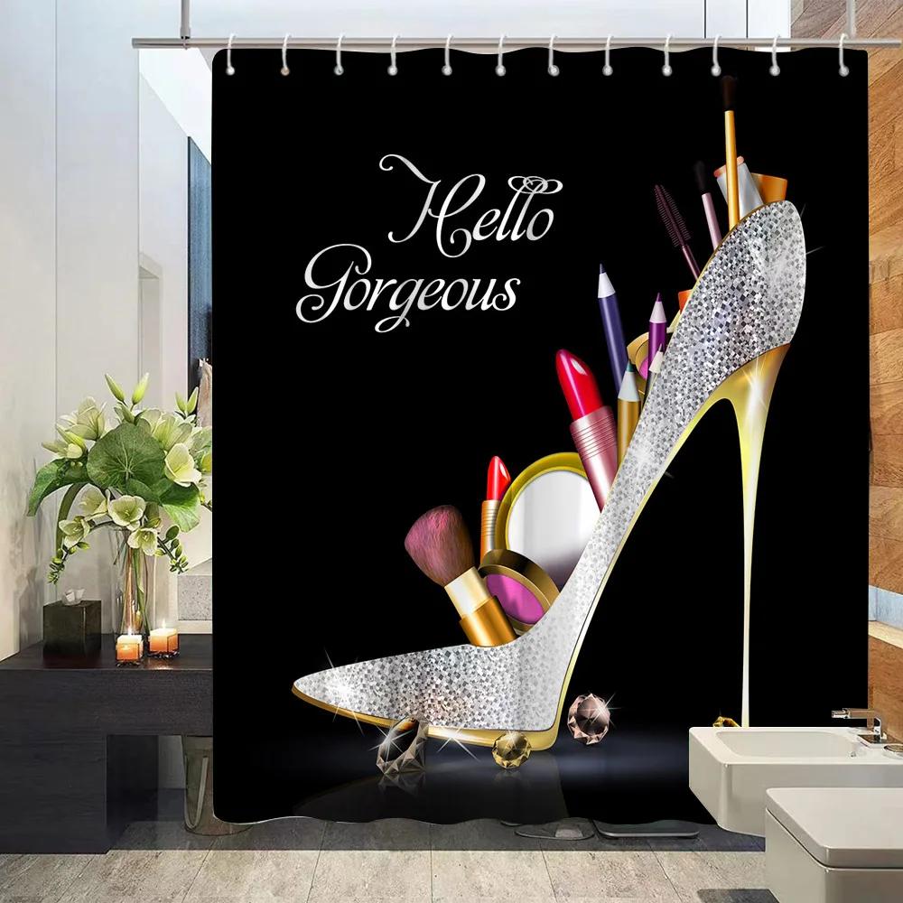Kosmetisk Parfym och Blommig Duschdraperi och Matta Badrumssats Blommor Klackar Läppstift Hemtextil Hängande Gardiner Badrumsinredning