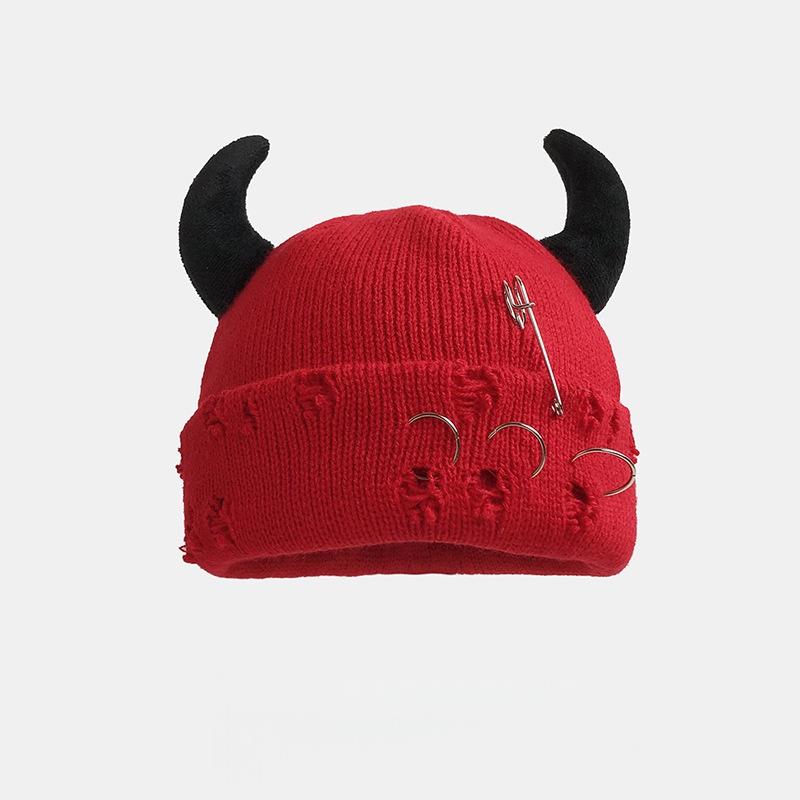 New Unisex Knitted Beanie With Devil Horns Halloween Distressed Skull Cap Hip Hop Winter Warm Yarn Hat For Men Women