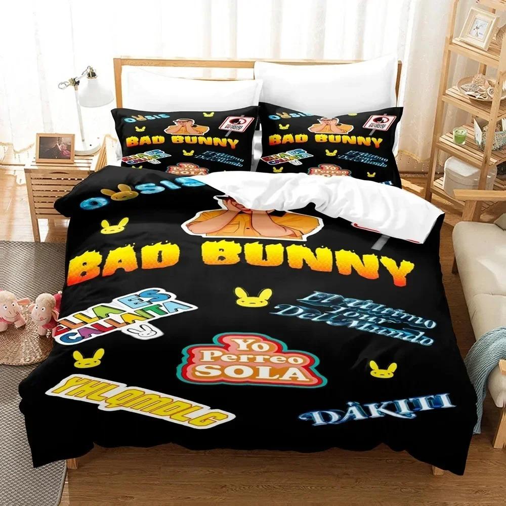 Set Copripiumino Stampa 3D Bad Bunny Un Verano Sin Ti Set Biancheria da Letto Pittura su Tela alla Moda Set Copripiumino Matrimoniale