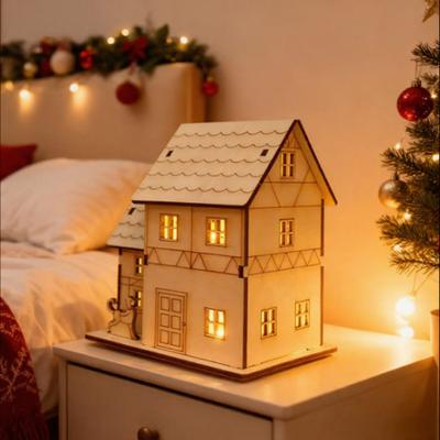 Hölzernes LED-beleuchtetes Haus Ornament Handgefertigte Leuchtende Weihnachtshaus Dekoration Weihnachtsfeiertagsparty Desktop-Dekor