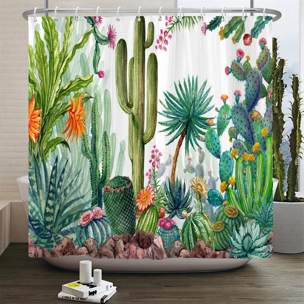 Cactus Shower Curtains Waterproof Polyester Fabric Shower Curtains Tropical Plants Bathroom Screen Curtain Home Decor 180X180cm