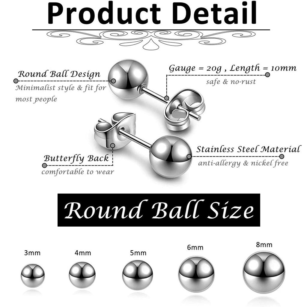12pcs/set Simple Classic Stainless Steel Minimalist Big Small Round Ball Stud Earrings for Men Women Daily Jewelry Size 2-10mm
