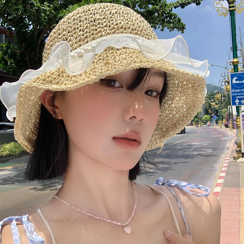 Fashionable Summer Pearl Embellished Organza Hollow Wide Brim Hat For Women And Men