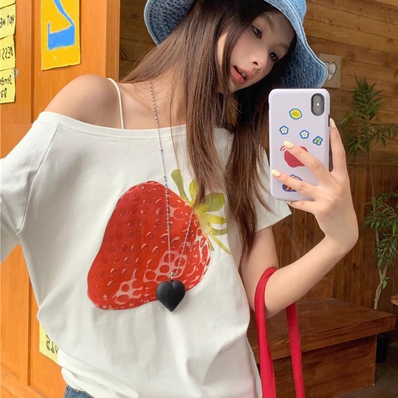 Spring 2026 One-Shoulder Off-the-Shoulder Pure Cotton Short Sleeve Women's T-shirt