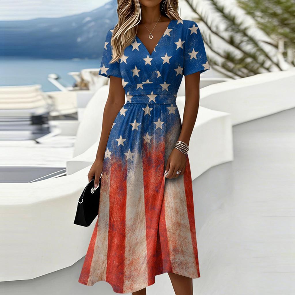 Women's Independence Day Print Casual Fashion Short Sleeve V-Neck Dress
