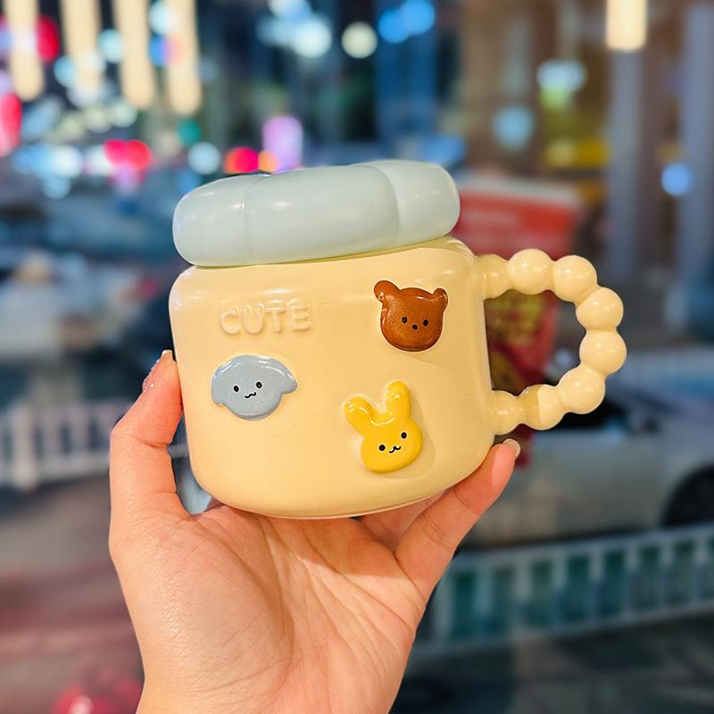Cute Cartoon Animal Ceramic Mug with Lid High Value Household Water Cup Breakfast Milk Oatmeal Cup Souvenir