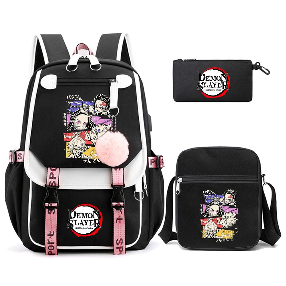 3 Stück/Set Anime Cartoon Demon Slayer Aufdruck Rucksack mit Umhängetasche für Teenager Schüler Große Kapazität Wasserdicht Schultasche Mochila