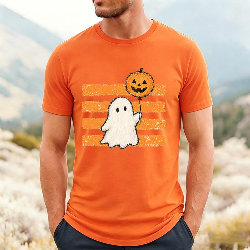 Unisexs Crew Neck T Shirt Cute Ghost Holding Pumpkin Balloon Graphic Tee Halloween Casual Short Sleeve Tops For Holiday Party Wear