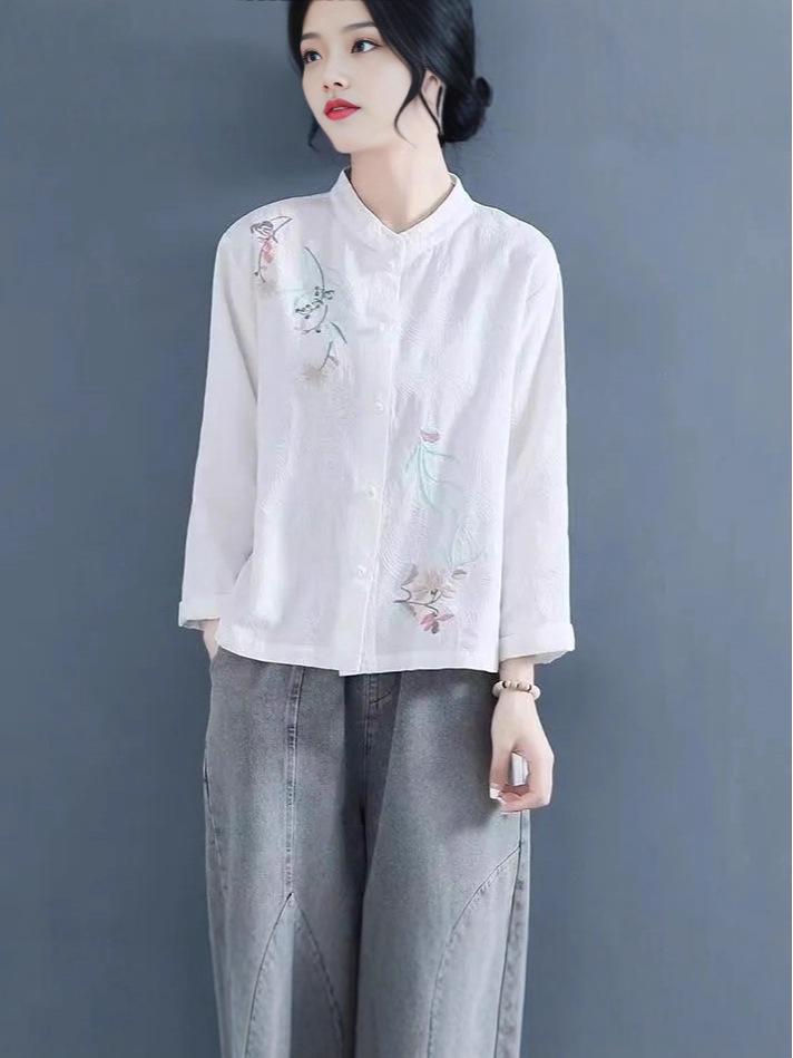 Elegant Women's Long Sleeve Cotton Linen Ramie Shirt - Light Luxury Plus Size, Slimming Design for Autumn & Winter