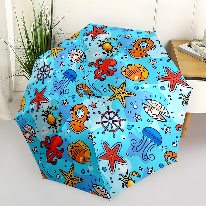 1pc Oceanic Adventure: Dive into the Depths with Colorful Sea Creatures! Umbrella with Plastic Handle,Suitable for All Seasons UmbrellaPT514