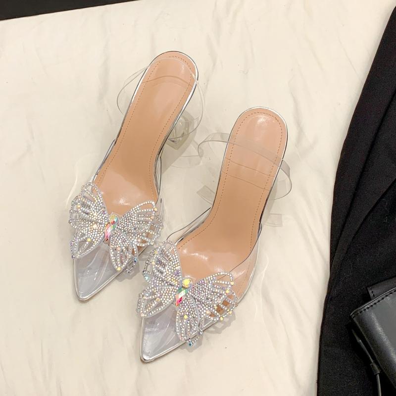 Summer Women's High-heeled Sandals, Transparent Pointed Toe, Rhinestone Bow, Sexy Wine Glass Heel, Fashionable Sandals.
