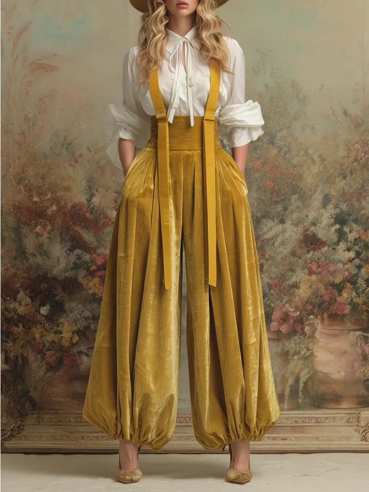 Mustard Yellow Wide Leg High Waist Susender Romper Pants