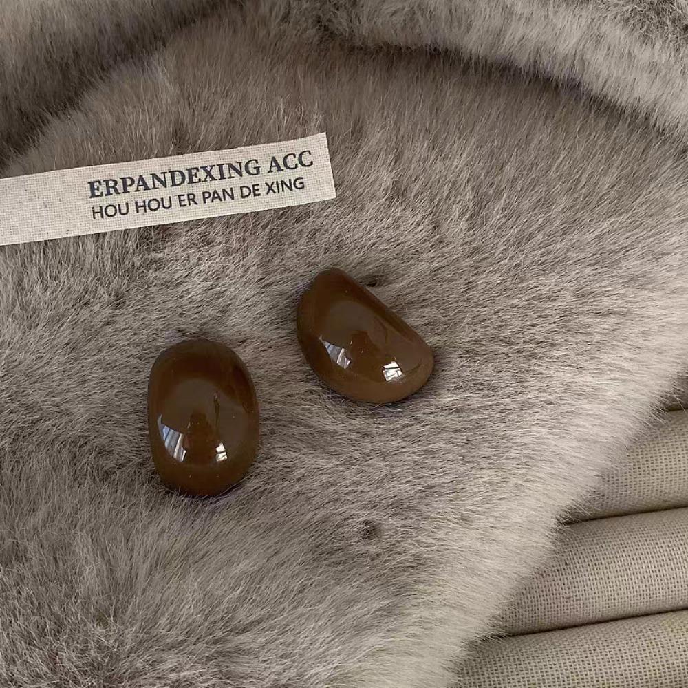 Trendy Retro Maillard Color Series Geometric Semi-circular Chocolate Bean Resin Stud Earrings for Women Korea Atmosphere Jewelry