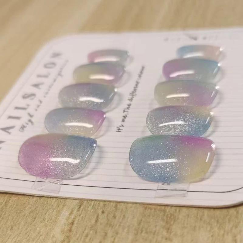 100% Handmade short round shape Candy Colored Full Cat Eye Fake Nail With Glue Art Simple Pearl smudged magic mirror powder Colorful Nails Fake Nails