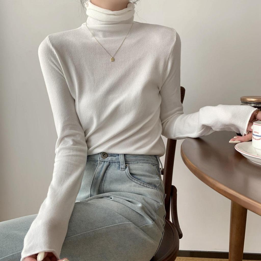 Korean Style Rolled Edge Puffy Collar Slim Fit Knit Sweater for Women