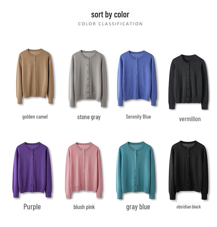 2026 Women's Elegant Fine Wool Cardigan - Loose, Slimming, Round Neck, Solid Color, Single-Breasted Outerwear