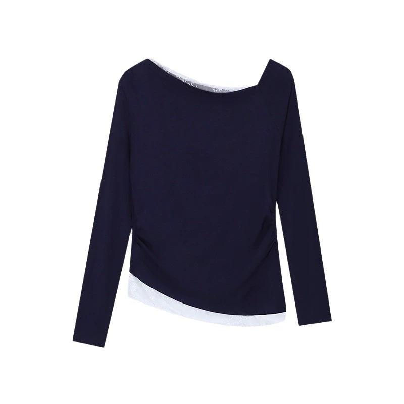 Slant shoulder one-word shoulder off-the-shoulder t-shirt women s early autumn French pinch waist lace splicing primer chic fake two-piece top S