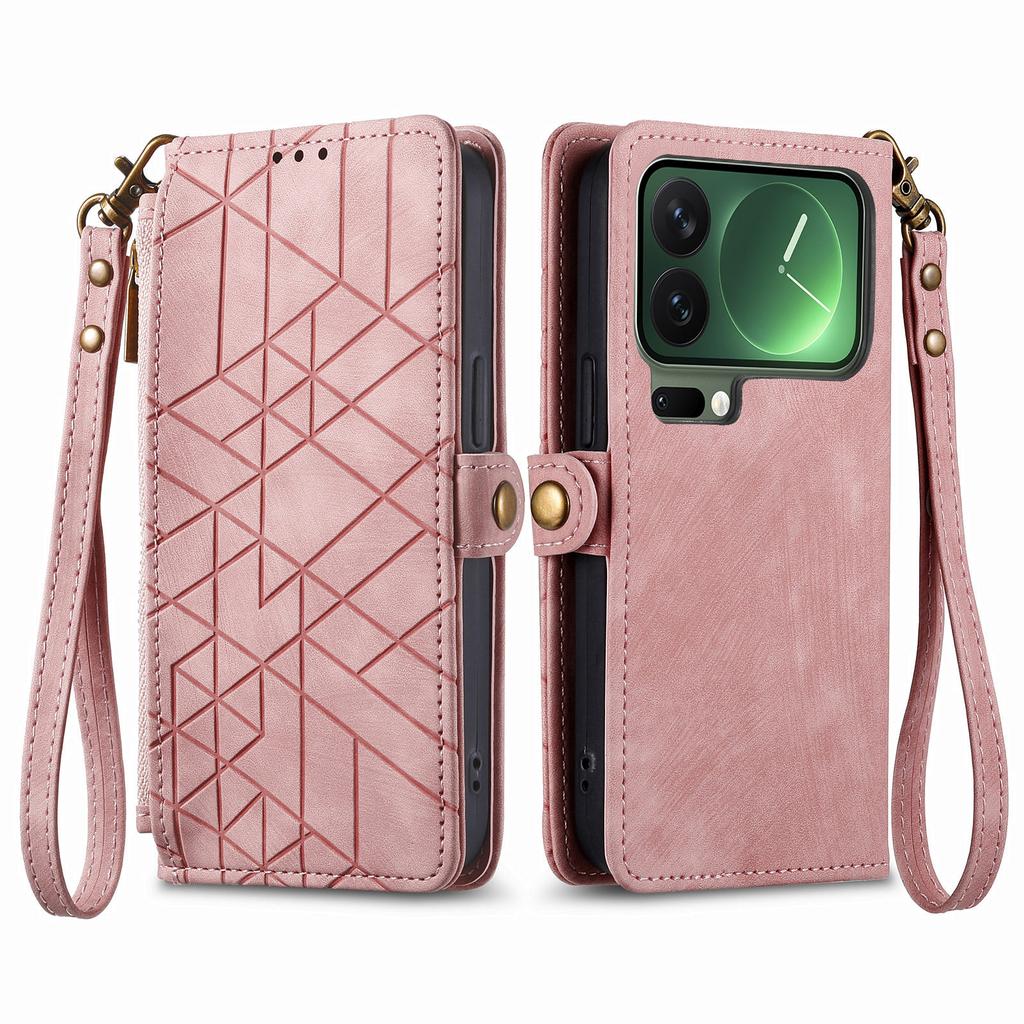 For Xiaomi 17 Pro Max Case Zipper Wallet Geometry Lines Leather Phone Cover with Strap