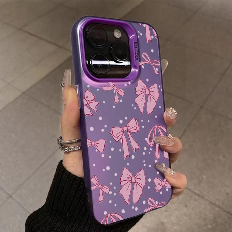 Ins Korean Simple Pink Bow Phone Case for iPhone 15 Pro Max 14 13 12 11 XS X XR 7 8 Plus 15 Luxury Lens Protection Laser Cover