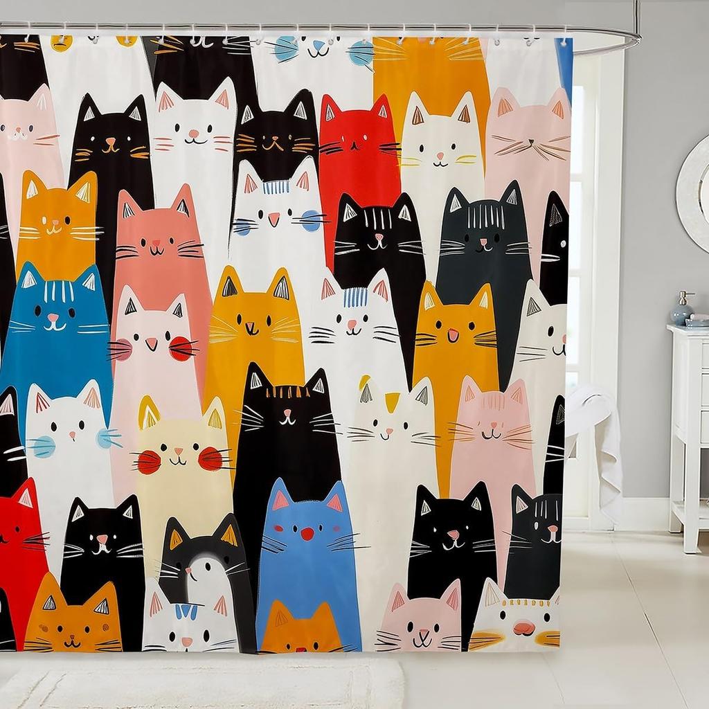 Cat Fabric Shower Curtain for Girls Kids Teen,Colorful Cartoon Animals Bathroom Shower Curtain Sets Cute Pet Shower Curtain