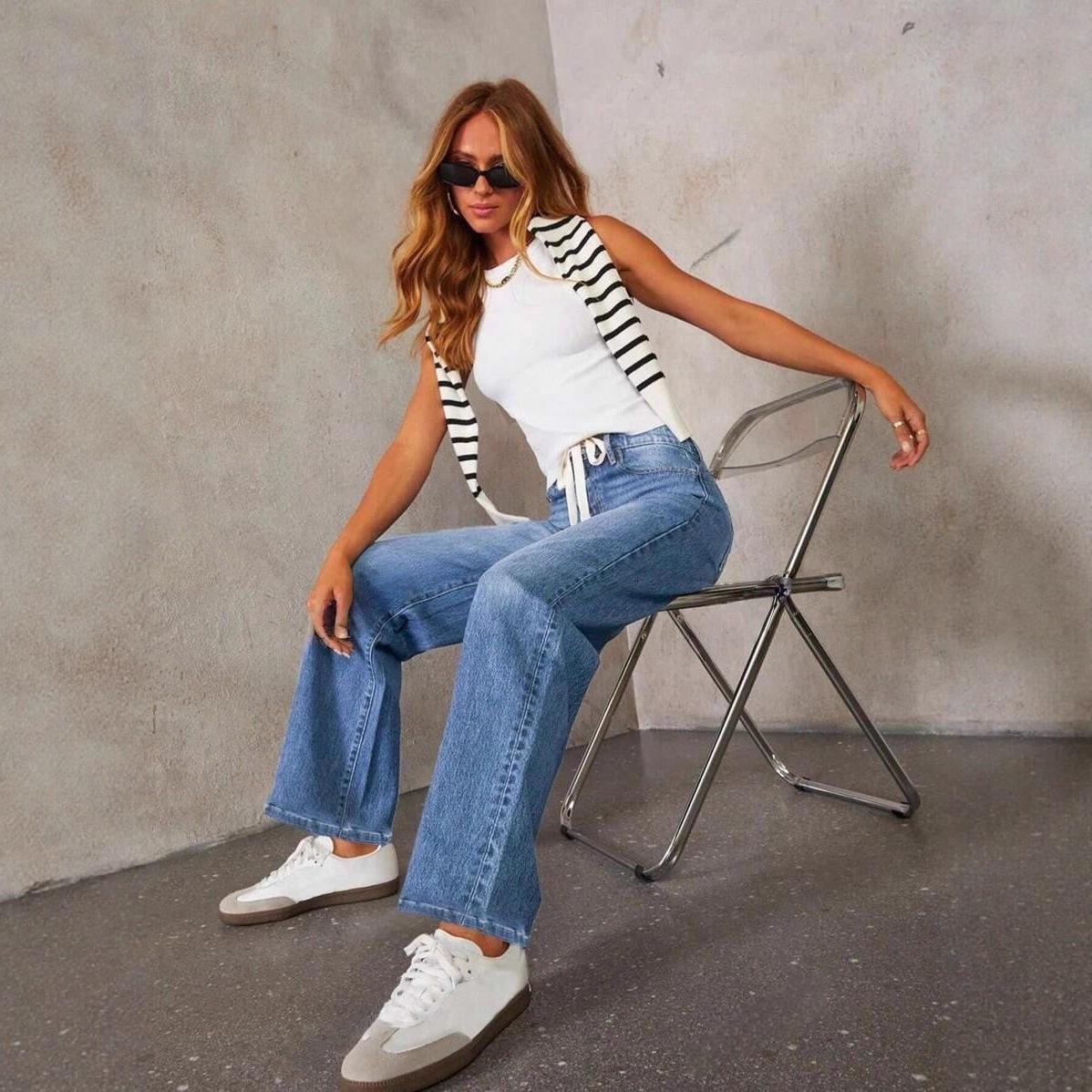 

Plus Size High Waist Slim Fit Drawstring Jeans for Women - Medium Stretch, Straight Leg Pants XS світло-синій колір