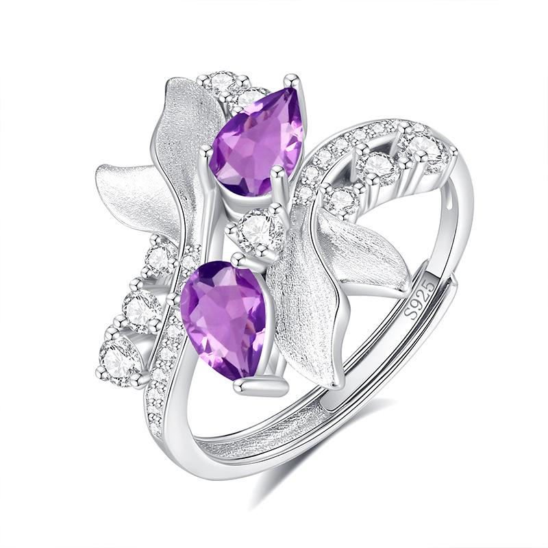 

European and American style natural crystal stone brushed leaf jewelry s925 sterling silver ring women s light luxury adjustable fashion gift opening adjustable
