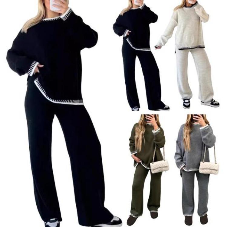 Winter Sweater Pants Set 2 Pcs Warm Loose Knit Long Sleeves O Neck Sweater Wide Leg Trousers Homewear School Daily Outfit Sport Clothes