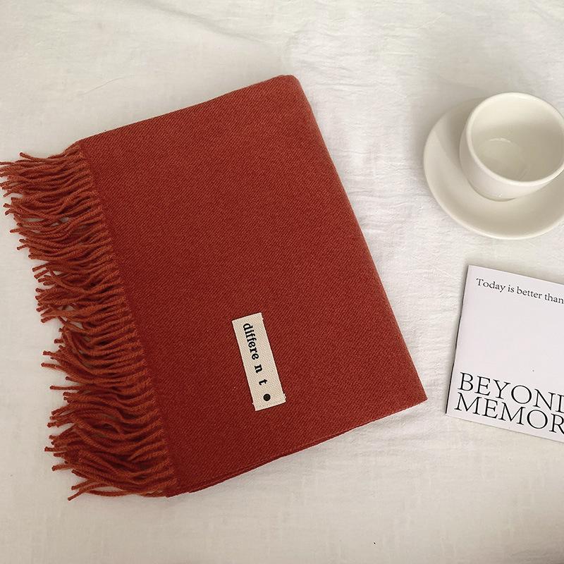 Flowing Fringe, Color-blocked, Simple Design, Faux Cashmere-like Scarf, Winter-thick, Cape-style, Student-friendly, Solid Color.