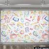 Playful School Supplies Tapestry, Colorful Hand-Drawn Doodles of Books, Pencils and Globes on a White Brick Wall, Cheerful Classroom Wall Art