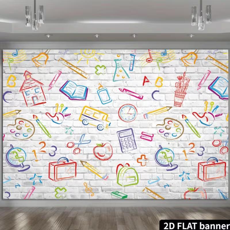 Playful School Supplies Tapestry, Colorful Hand-Drawn Doodles of Books, Pencils and Globes on a White Brick Wall, Cheerful Classroom Wall Art