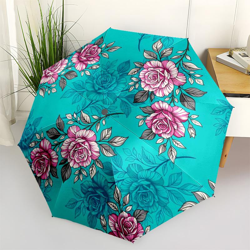1pc Floral Pattern with Pink Roses on Teal Background Umbrella with Plastic Handle,Compact & Stylish,Suitable for All Seasons ptys26007
