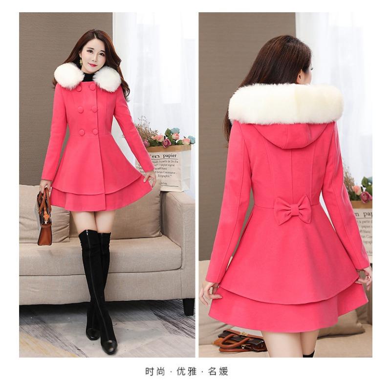 Women's contrasting color fur collar woolen jacket Nizi coat slim fit