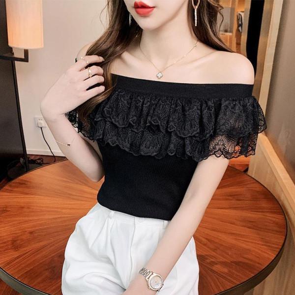 

Женский трикотажный топ с кружевной вставкой и оборками, с открытыми плечами - Летняя мода, короткий рукав One Size (Recommended for up to 125 Jin) чёрный