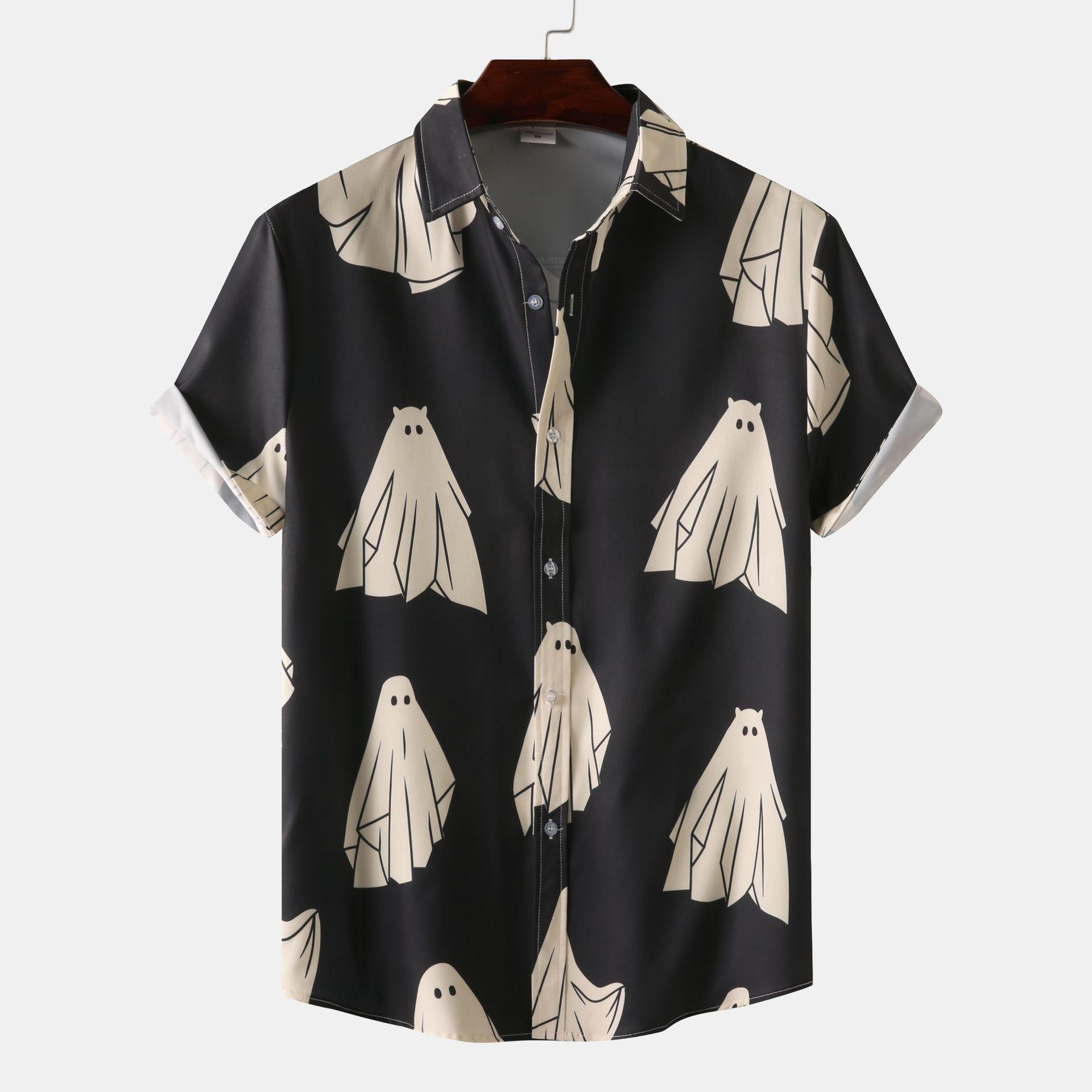 Men Summer Short Sleeve Floral Print Casual Shirt M чёрный