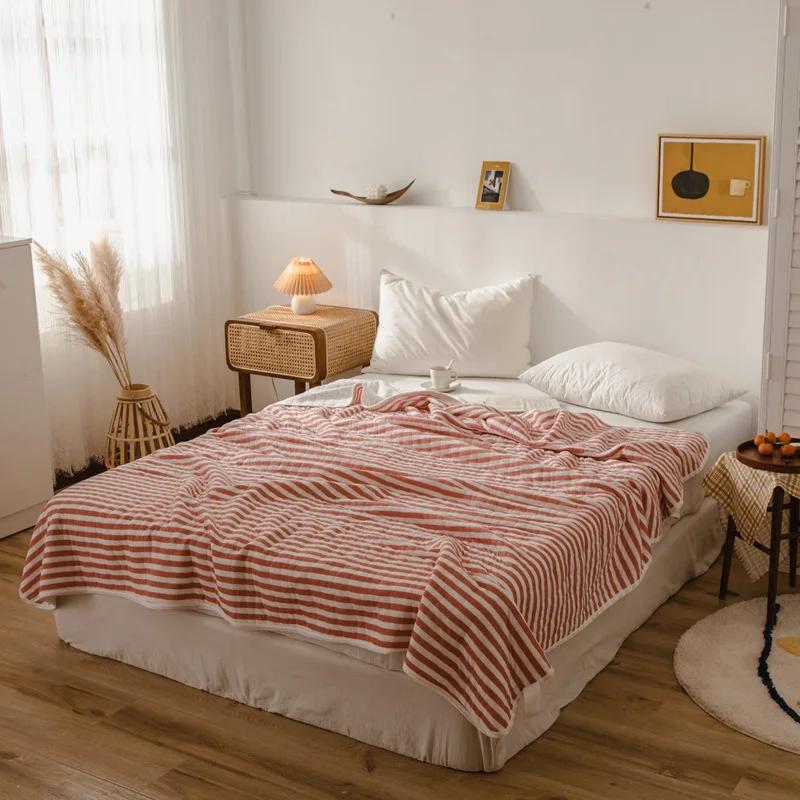 Stripes 100% Cotton Summer Blanket Bed Gentle Skin Friendly Queen Quilt Summer Air Conditioner Lightweight Comforter Breathable