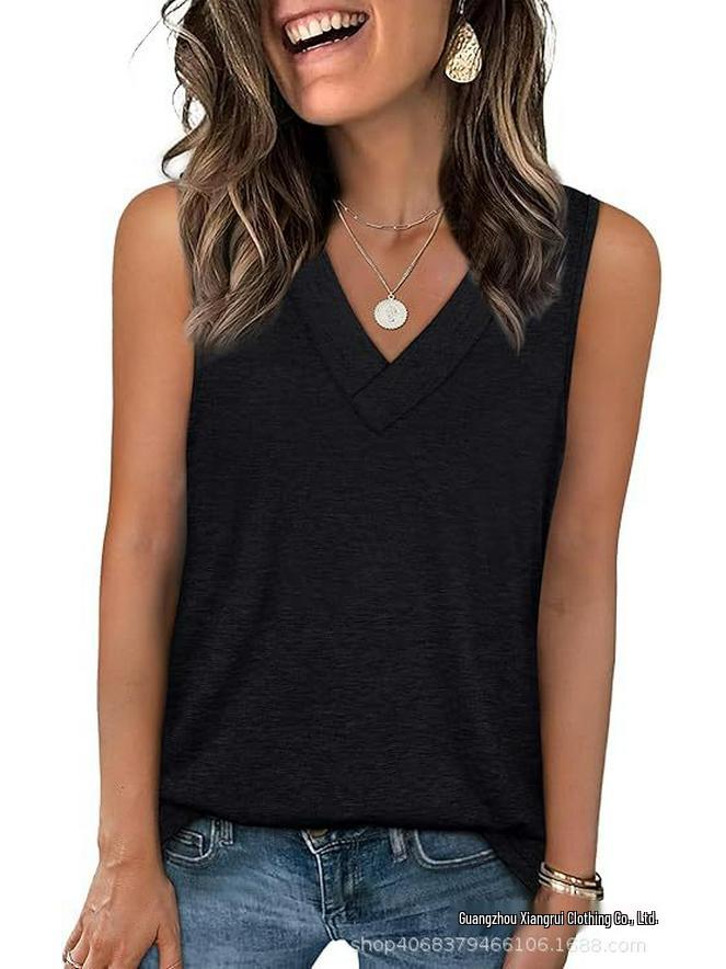 

2025 Women s V-neck Casual Loose Sleeveless Summer Shirt - Solid Color, New Arrival M чорний