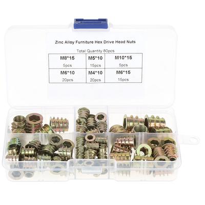 80pcs M4M5M6M8M10 Zinc Alloy Screw In Type Hex Drive Threaded Furniture Insert Nuts Set