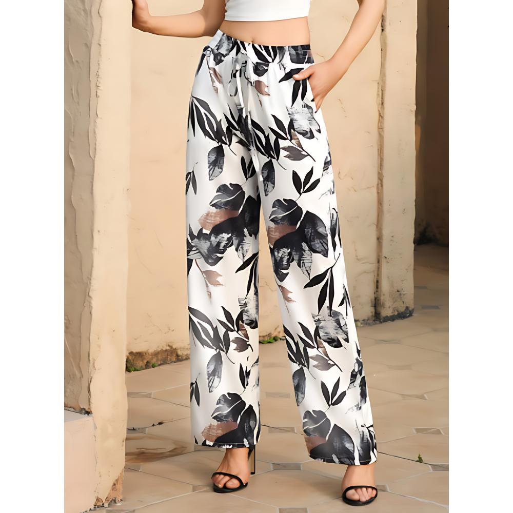 Large-sized Printed Pants, Casual Tie Waist Wide-leg Pants, Spring and Summer, Large-sized Women's Clothing