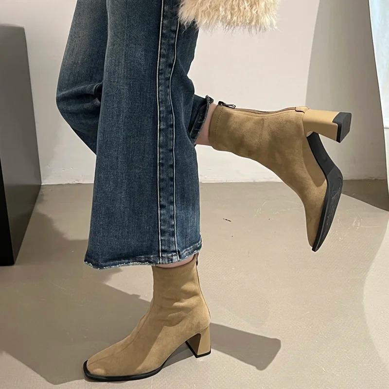 Vintage Thick Heel Square Toe Women Ankle Boots Ladies Elegant Mordern Short Botas Autumn Winter Zapatos De Mujer