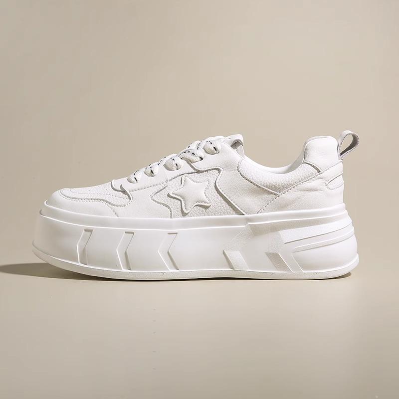 Genuine Leather Platform Sneakers Women's Spring and Summer New Versatile Star Pattern Sneakers White Shoes Women's Shoes