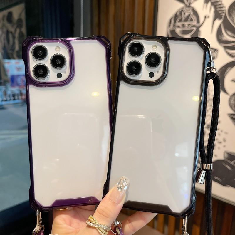 Lanyard Transparent Case For iPhone 15 Pro 14 13 12 11 Pro Max XR X XS Plus Crossbody Cord Four Corners Strap Shockproof Cover