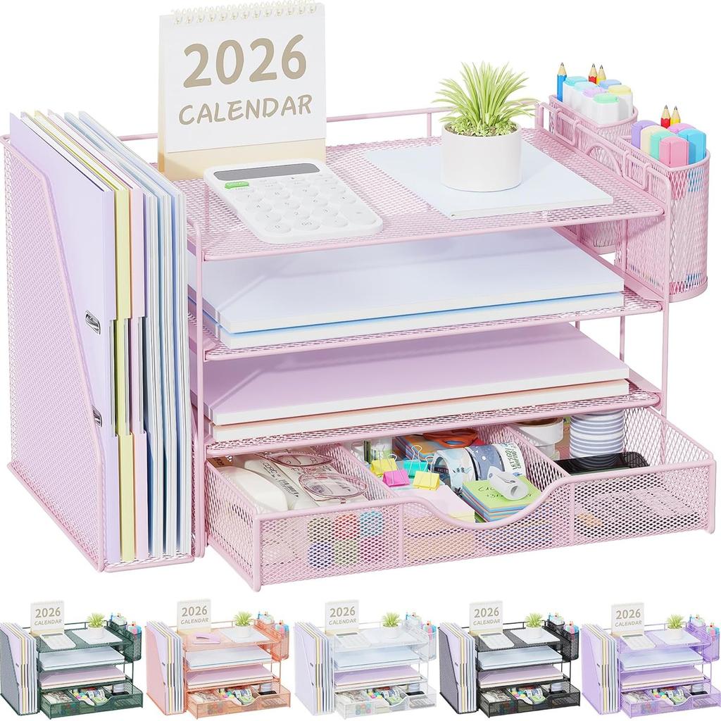 Schreibtisch-Organizer mit Aktenhalter, 4-stufige Schreibtischzubehör- & Arbeitsplatz-Organizer mit Schublade und 2 Stifthaltern, Papier-Organizer für Büromaterial