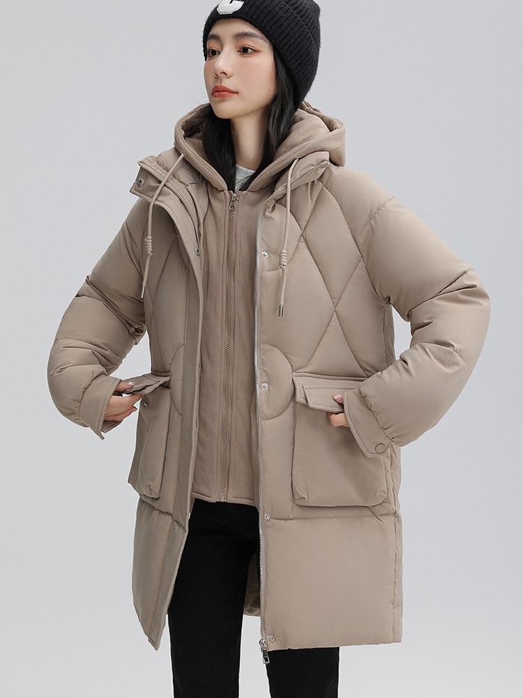 Autumn and Winter Women's Thickened Hooded Coat Loose Mid-length Fake Two-piece Windproof Warm Jacket Cold-proof Clothing