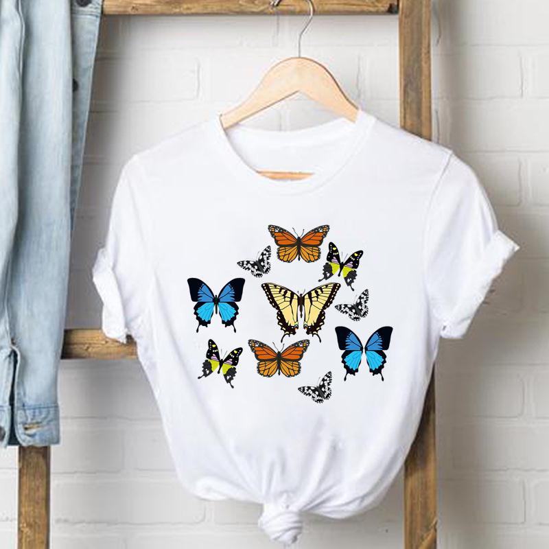 Kläder Fritidströja Kortärmad Söt fjäril Trend Söt T-shirt med tryck för kvinnor Sommarmode T-shirt Dam Kvinnlig Grafisk T-shirt