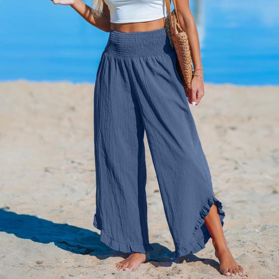 Women Casual Pants Pleated Elastic High Waist Wide Leg Long Trousers with Pockets Ruffle