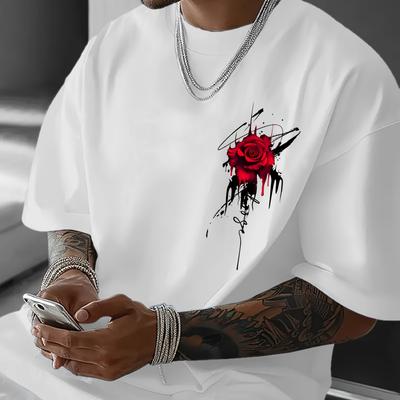 Herren Sommer 100 Baumwolle Modisch Lässig Sportlich Locker und Auffällig Rote Rose Gedruckt Rundhals Kurzarm T-Shirt Top