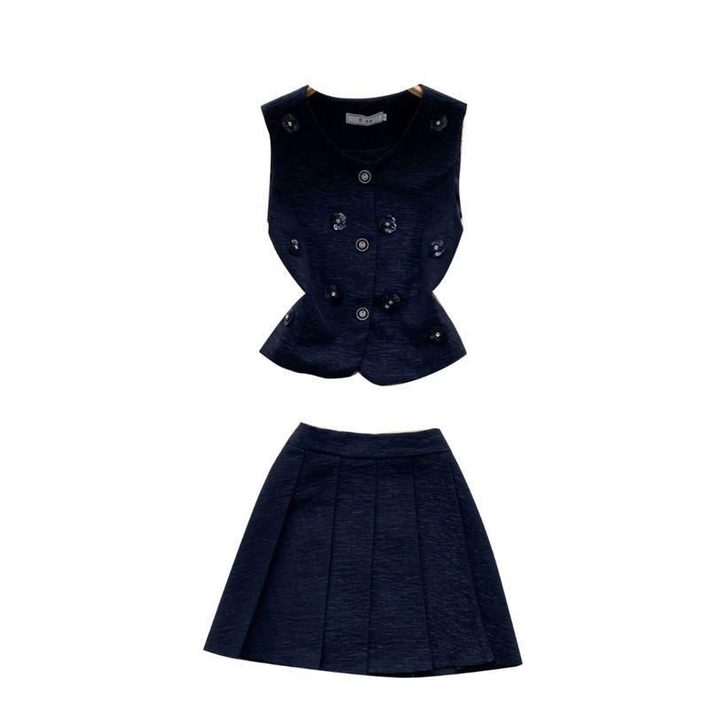 French Socialite Fancy Classic Style Three-Dimensional Flower Sleeveless Waistcoat Vest Pleated Skirt Summer Two-piece Set